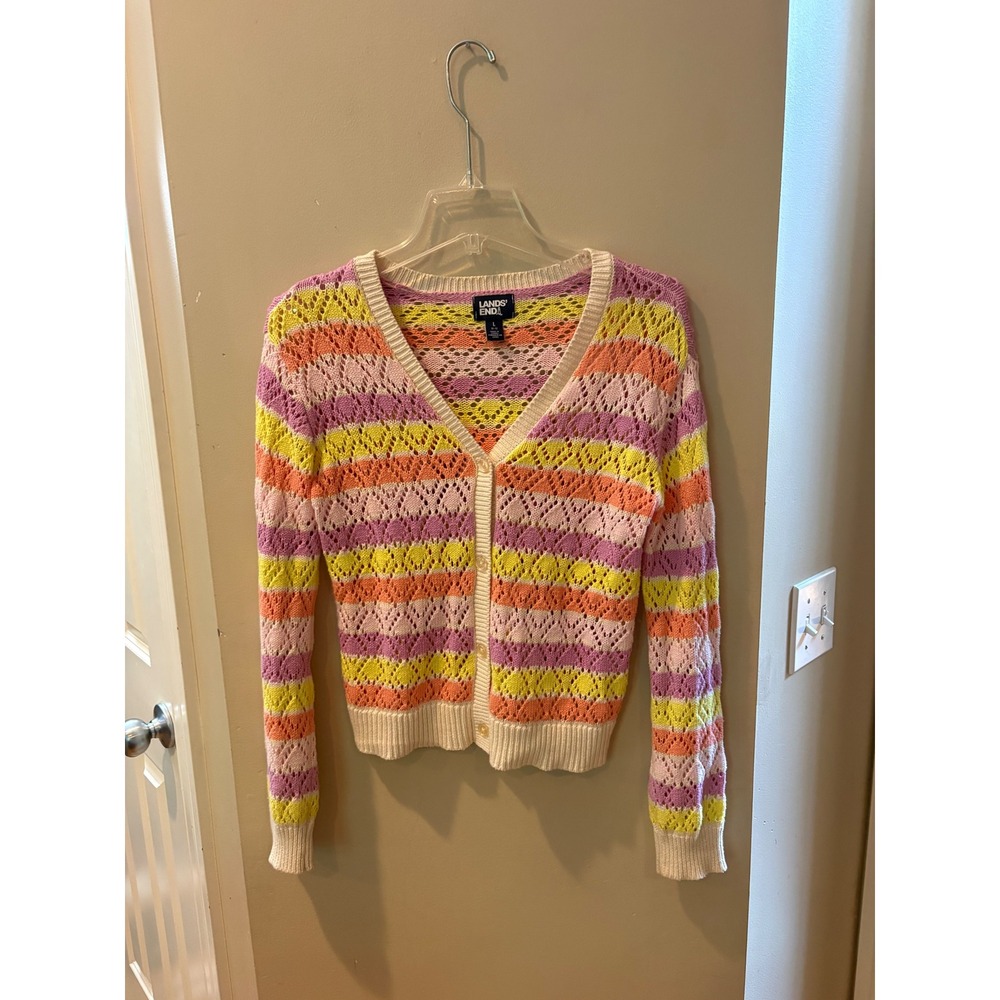 Lands End Womens Multi Color Striped Pointelle Knit V-Neck Cardigan Sweater Sz L